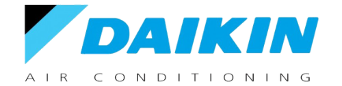 Logo ufficiale Daikin in blu con sfondo bianco e la scritta 'AIR CONDITIONING' in grigio chiaro sotto. Simbolo triangolare nero e azzurro a sinistra.