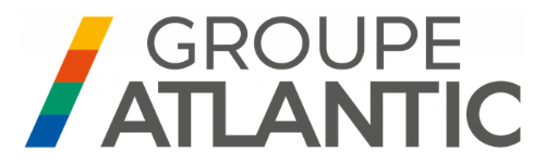 Logo Groupe Atlantic con barra diagonale multicolore: blu, verde, rosso, giallo. Riferimento per Boiler e scaldabagno Torino.