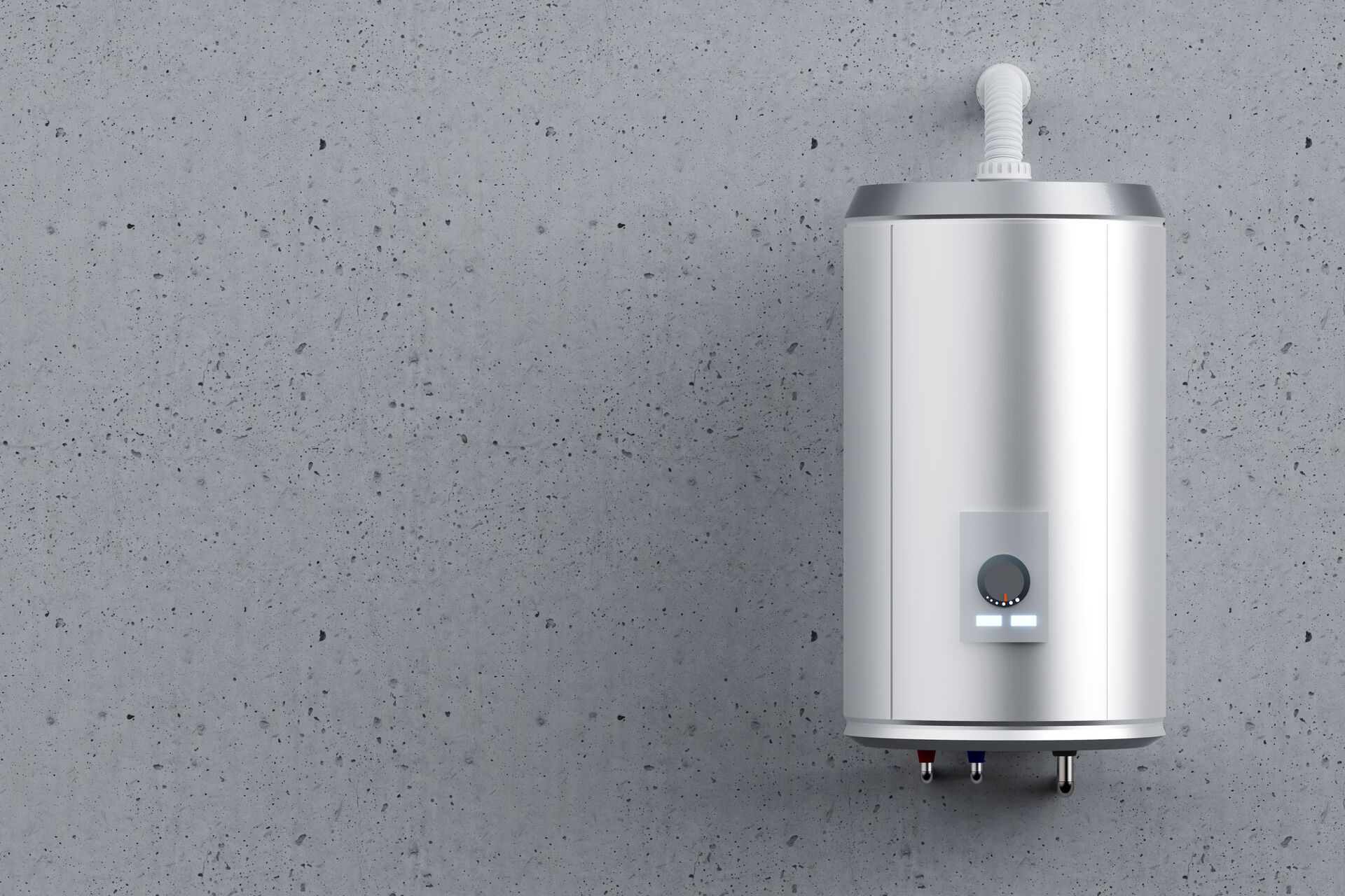 Scaldabagno elettrico cilindrico di design moderno in argento lucido montato su una parete di cemento grigio. Dettagli pannello controllo.