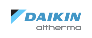 Logo Daikin Altherma con scritta blu su sfondo nero, simbolo di affidabilità per pompe di calore a Torino.